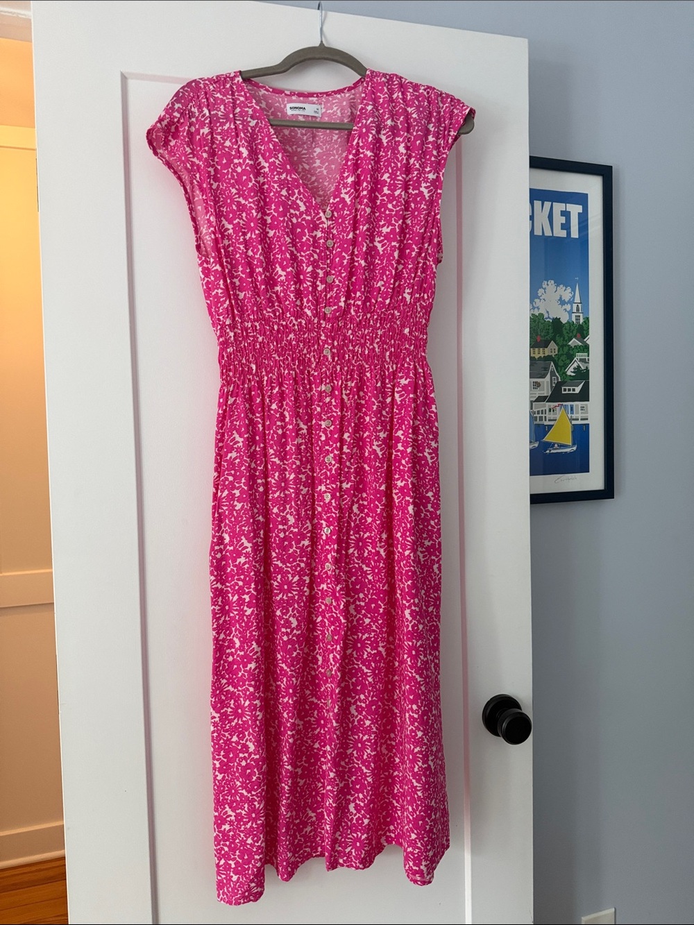 Smocked Waist Fuchsia Floral Midi Dress